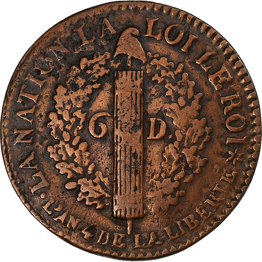 Francja, Louis XVI, 6 Deniers, 1792, Strasbourg, Miedź, VF(30-35), KM:611