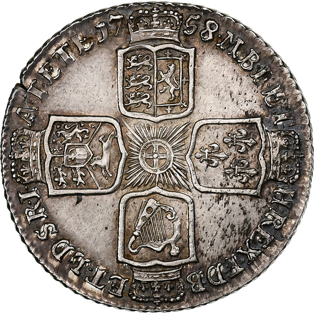 Great Britain, George II, Shilling, 1758, Silver, AU(50-53), KM:583.3