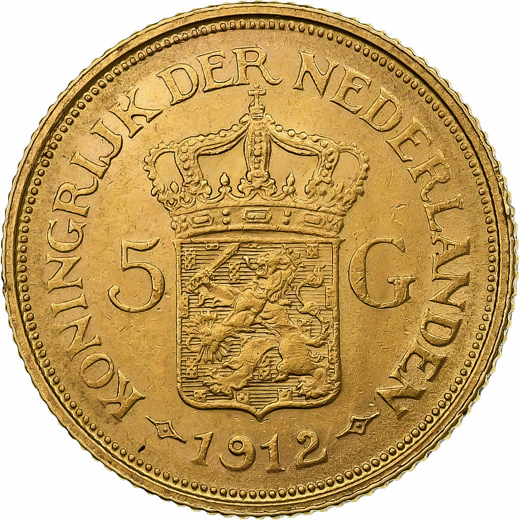 Netherlands, Wilhelmina I, 5 Gulden, 1912, Gold, EF(40-45), KM:151