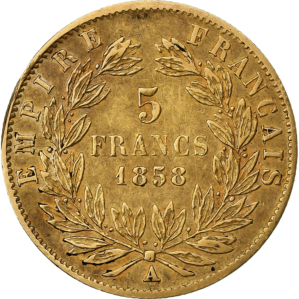 Francia, Napoleon III, 5 Francs, 1858, Paris, Oro, BC+, Gadoury:1001, KM:787.1