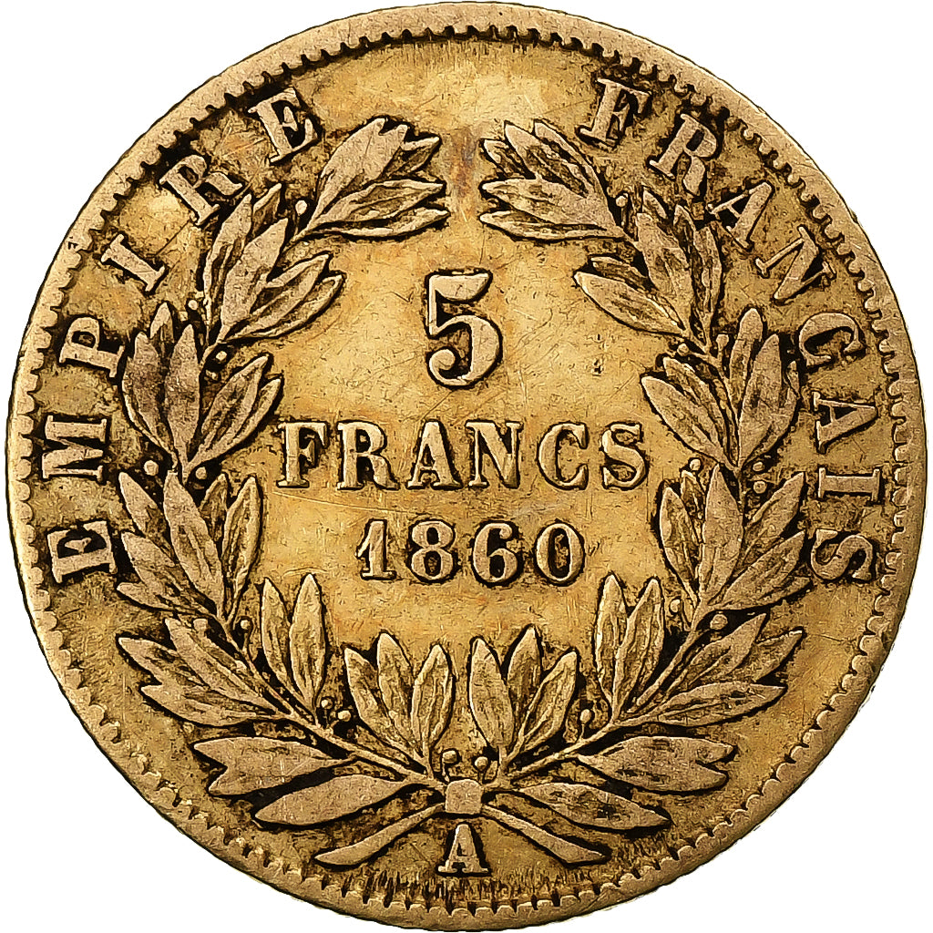 França, Napoleon III, 5 Francs, 1860, Paris, Dourado, VF(30-35), Gadoury:1001