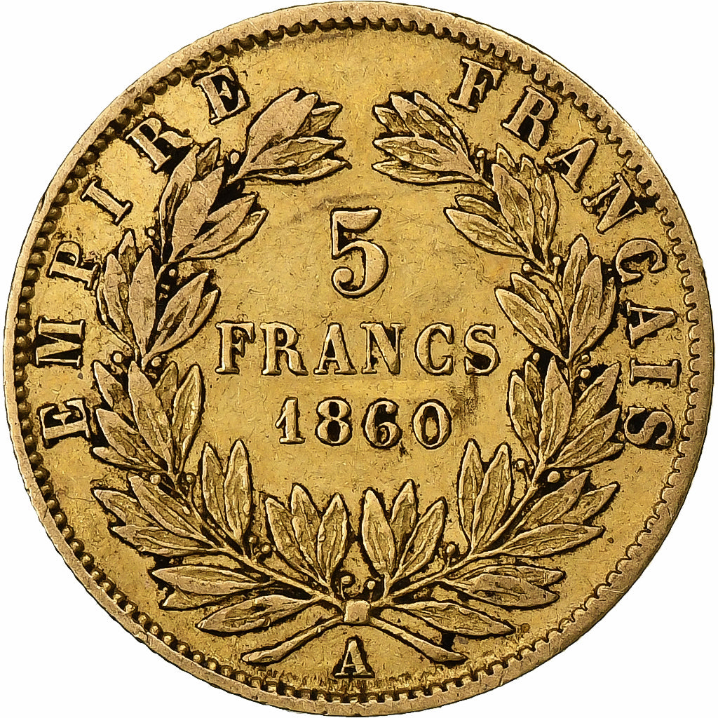 France, Napoléon III, 5 Francs, 1860, Paris, Or, TB+, Gadoury:1001, KM:787.1