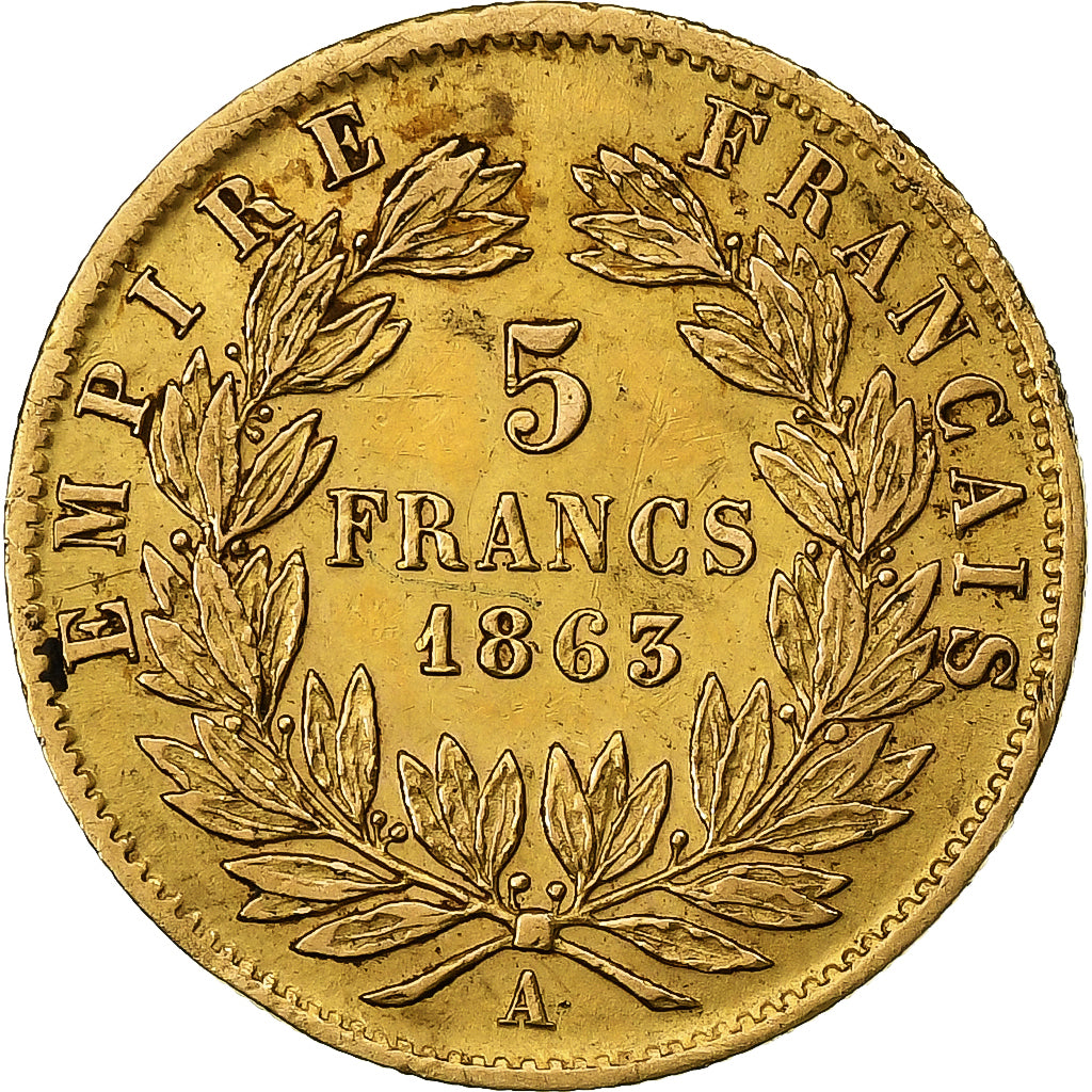 France, Napoleon III, 5 Francs, 1863, Paris, Gold, VF(30-35), Gadoury:1002