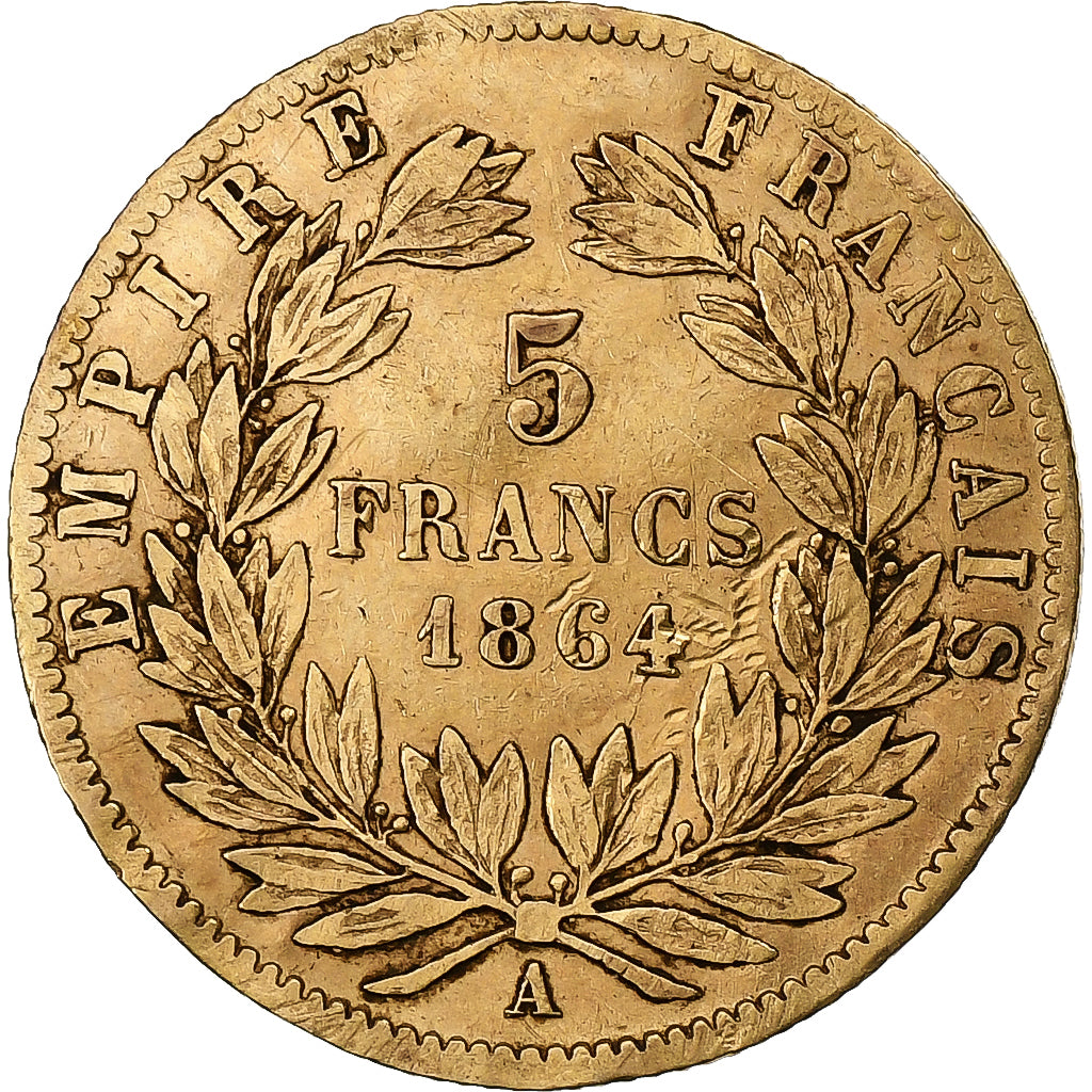 Francia, Napoleon III, 5 Francs, 1864, Paris, Oro, MB+, KM:803.1