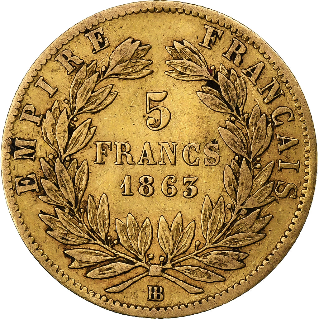 France, Napoléon III, 5 Francs, 1863, Strasbourg, Or, TB, Gadoury:1002