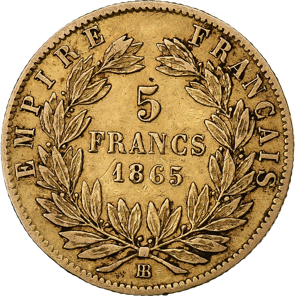 França, Napoleon III, 5 Francs, 1865, Strasbourg, Dourado, VF(30-35)