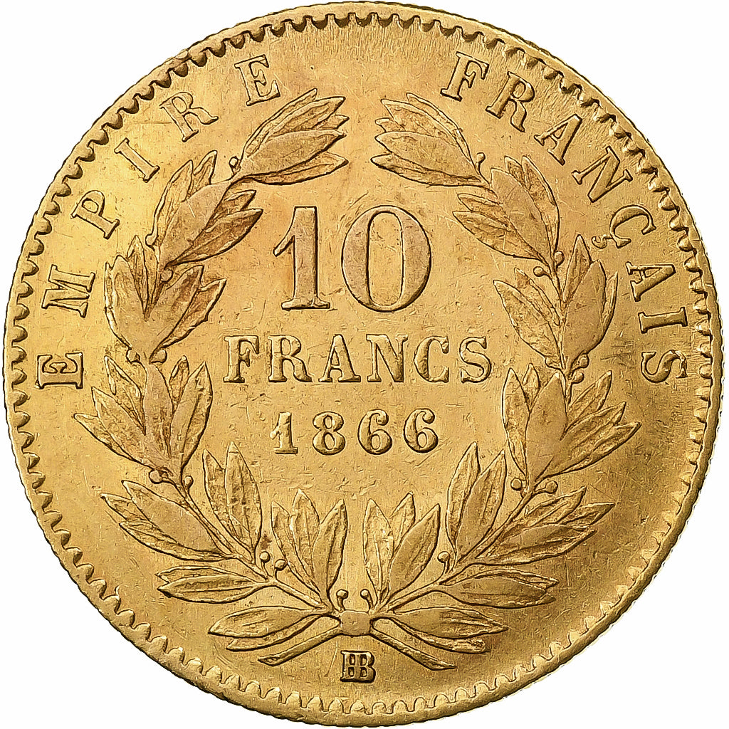 Francia, Napoleon III, 10 Francs, 1866, Strasbourg, Oro, MBC+, Gadoury:1015