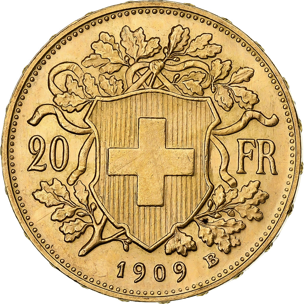 Switzerland, 20 Francs, 1909, Bern, Gold, AU(55-58), KM:35.1