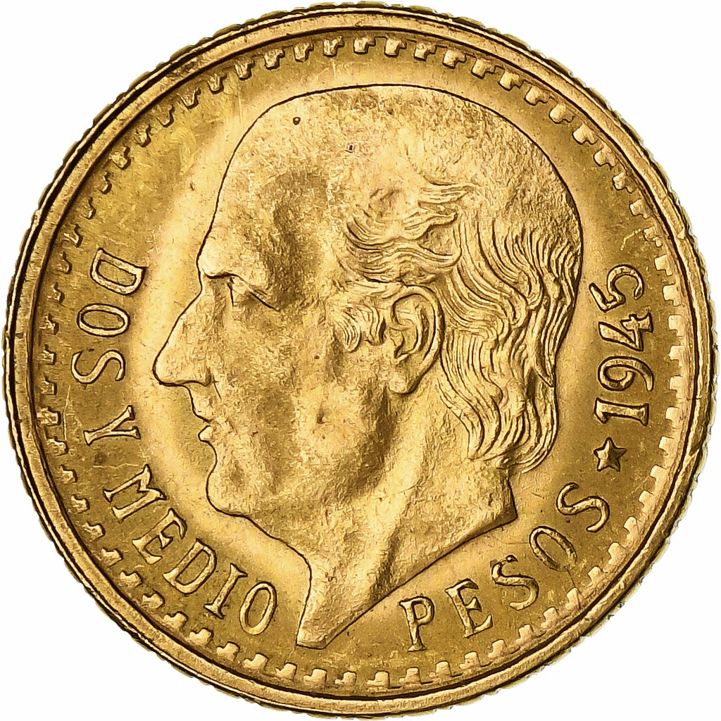 Mexico, 2-1/2 Pesos, 1945, Mexico City, Gold, AU(55-58), KM:463