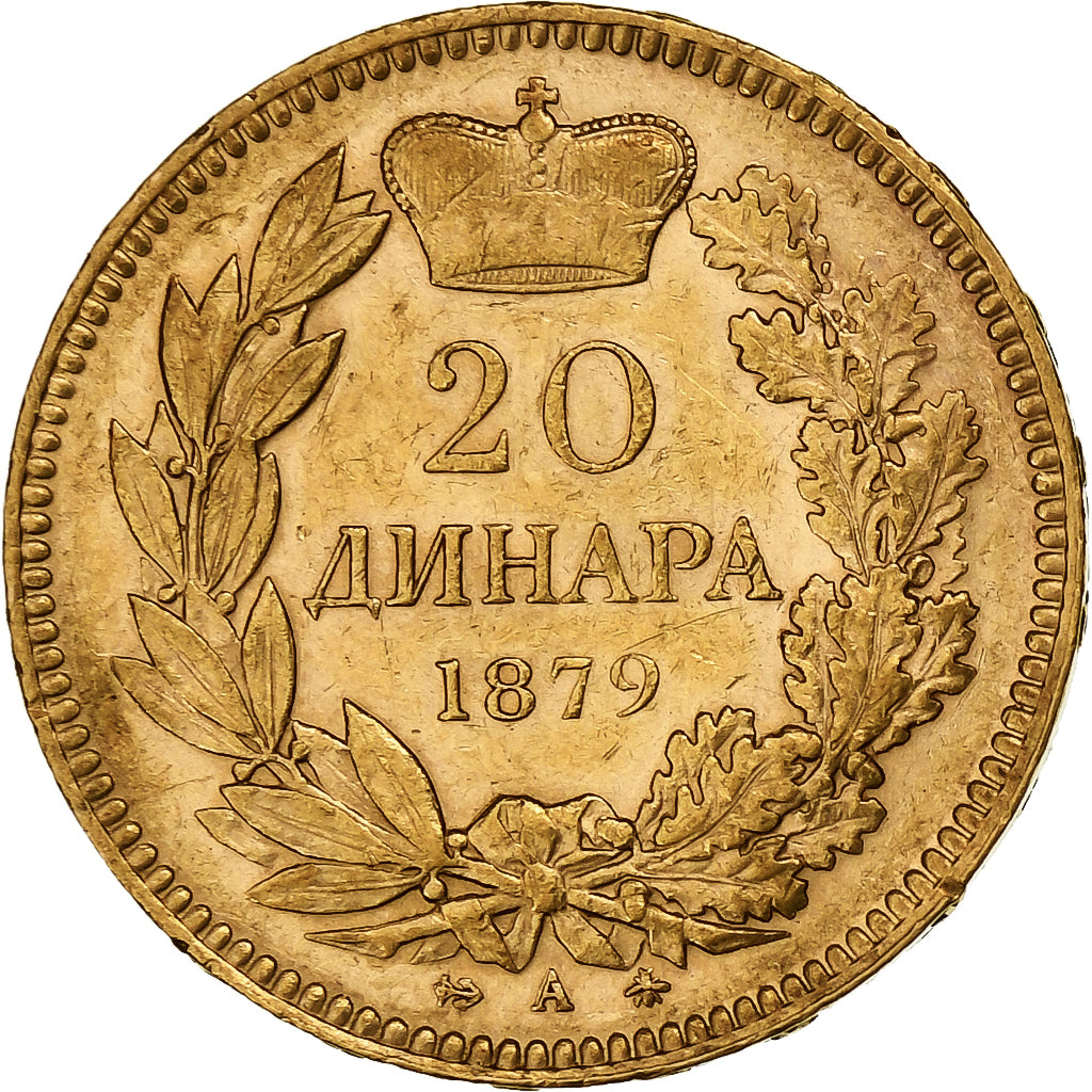 Serbia, Milan I, 20 Dinara, 1879, Paris, Gold, EF(40-45), KM:14