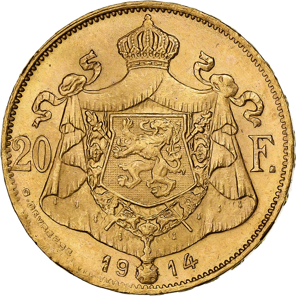 Belgia, Albert I, 20 Francs, 20 Frank, 1914, Złoto, AU(50-53), KM:78