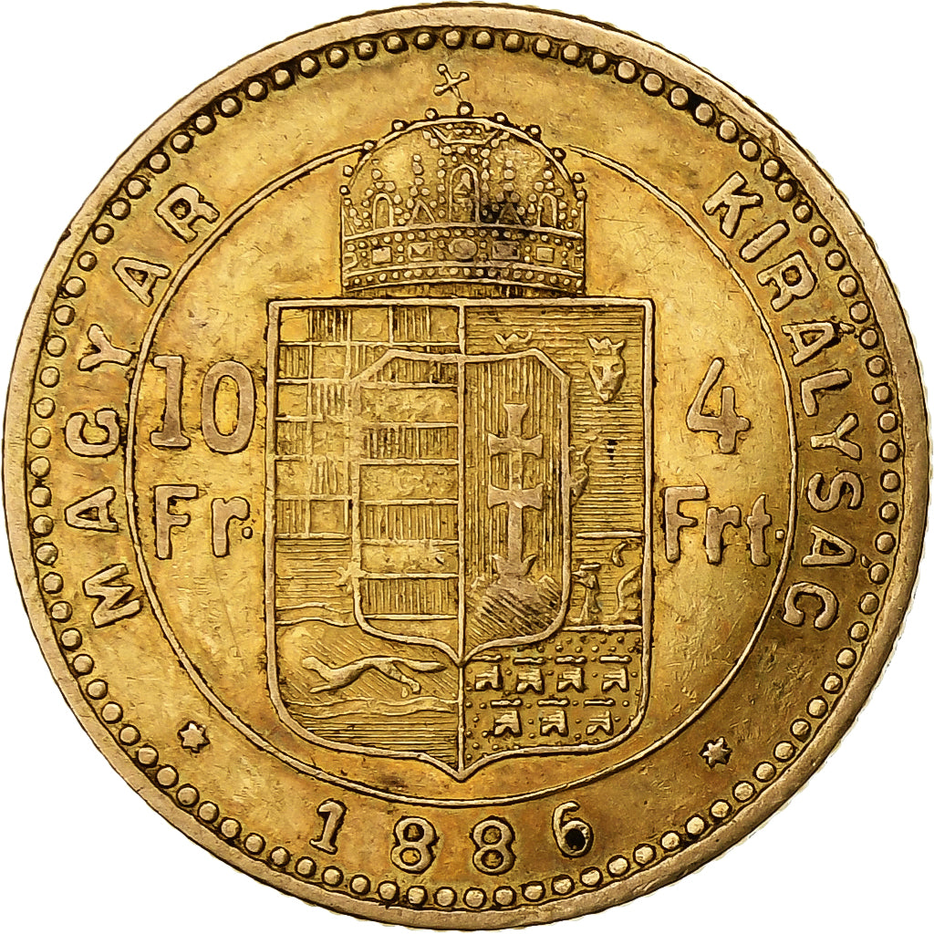 Hungria, Franz Joseph I, 4 Forint 10 Francs, 1886, Kormoczbanya, Dourado