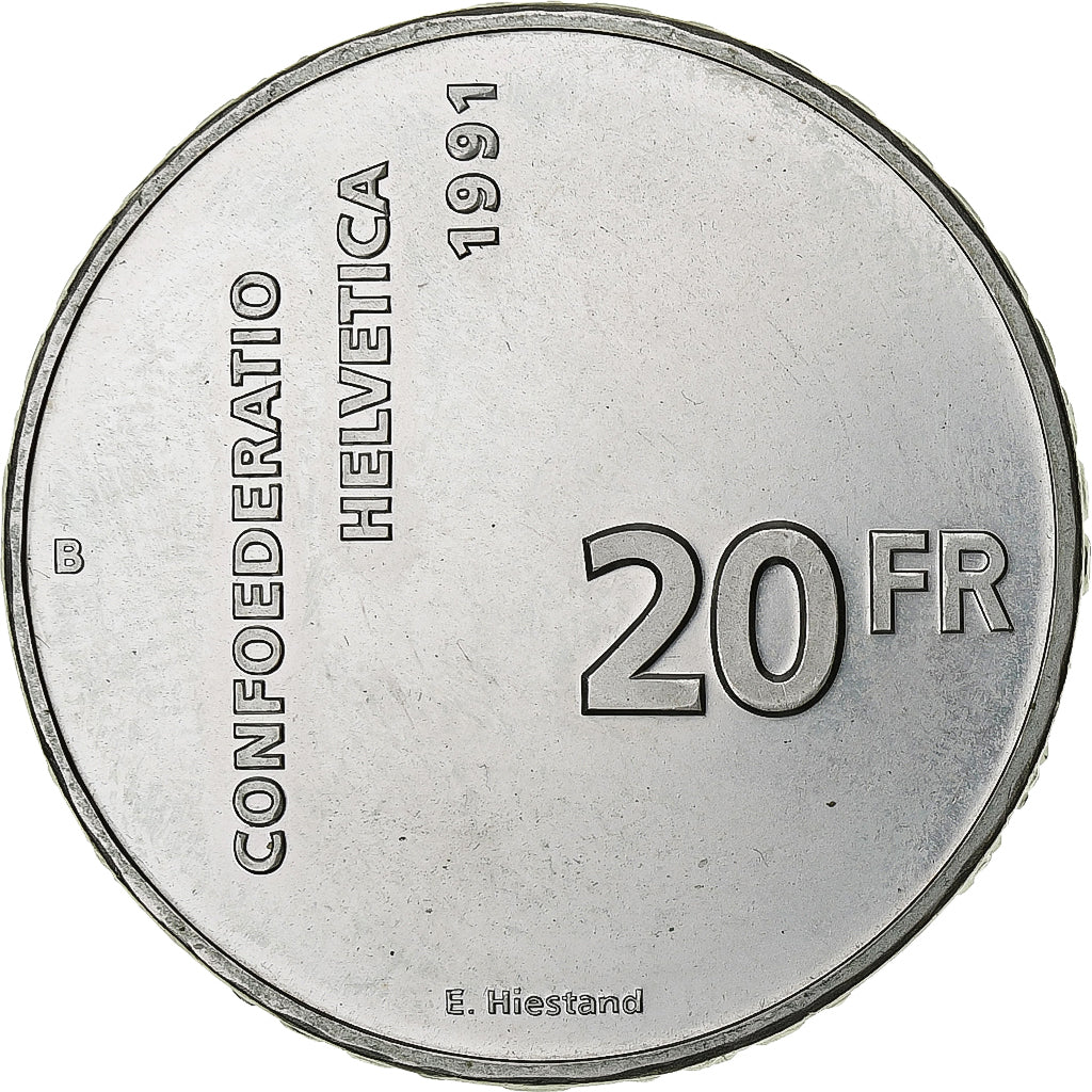 Switzerland, 20 Francs, 1991, Bern, Silver, AU(55-58), KM:70