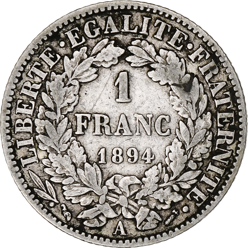 França, Franc, Cérès, 1894, Paris, Prata, VF(30-35), Gadoury:465a, KM:822.1