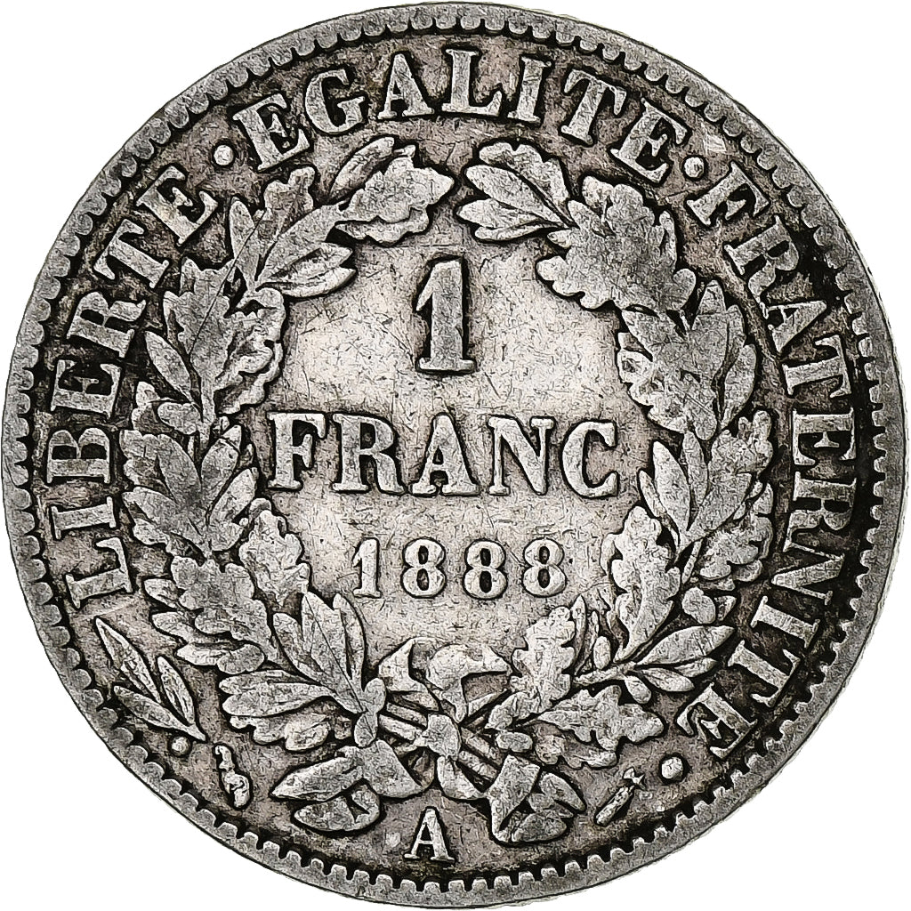 Francia, Franc, Cérès, 1888, Paris, Plata, BC+, Gadoury:465a, KM:822.1