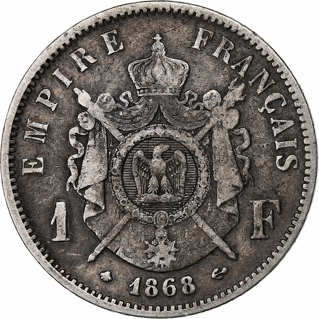 França, Napoleon III, Franc, 1868, Paris, Prata, VF(20-25), Gadoury:463