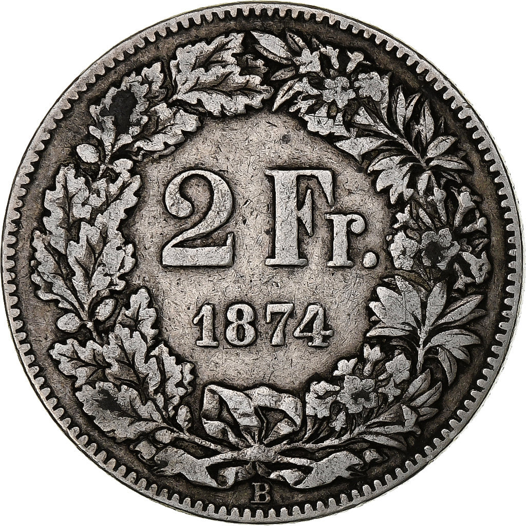 Suiza, 2 Francs, 1874, Bern, Plata, BC+, KM:21