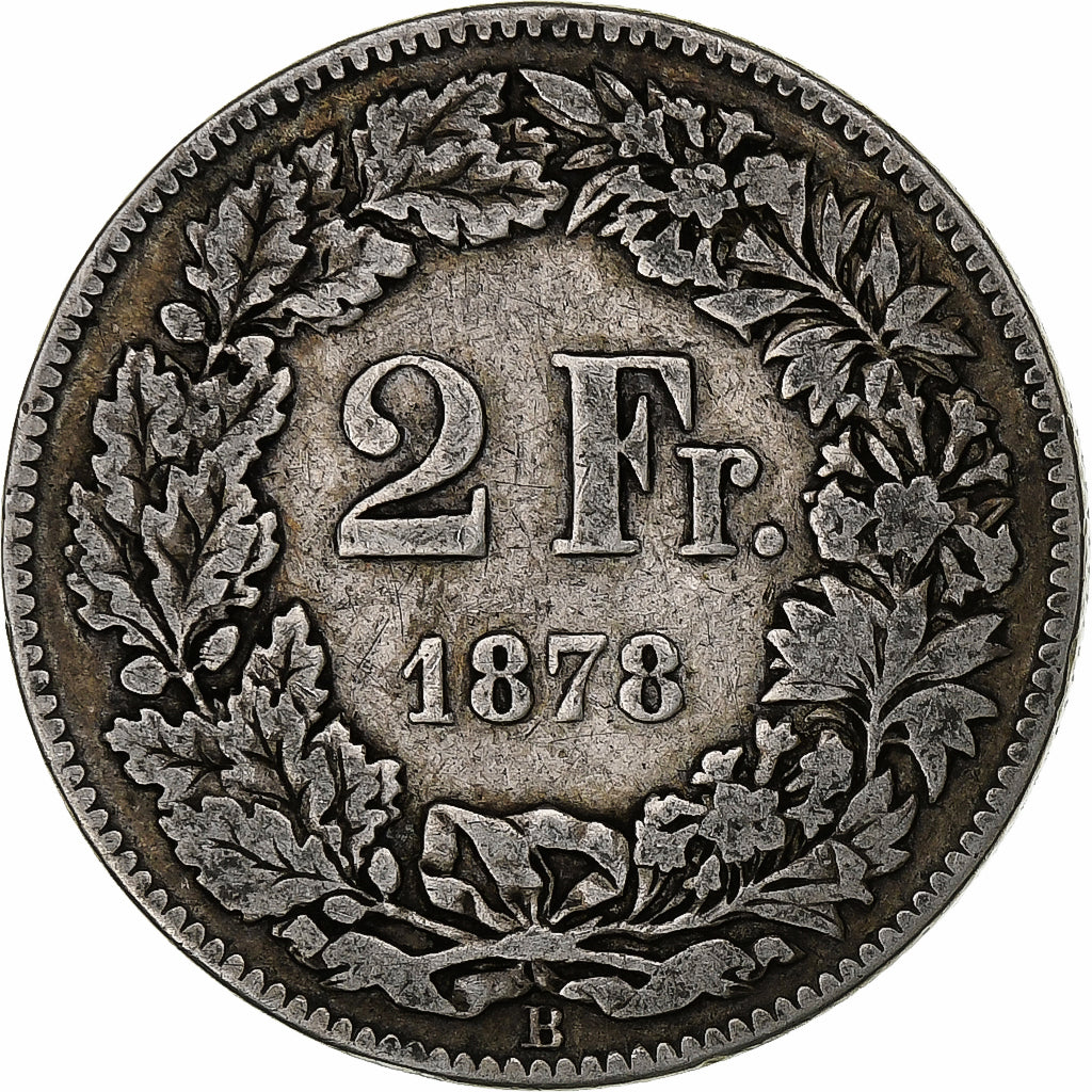 Suiza, 2 Francs, 1878, Bern, Plata, BC+, KM:21