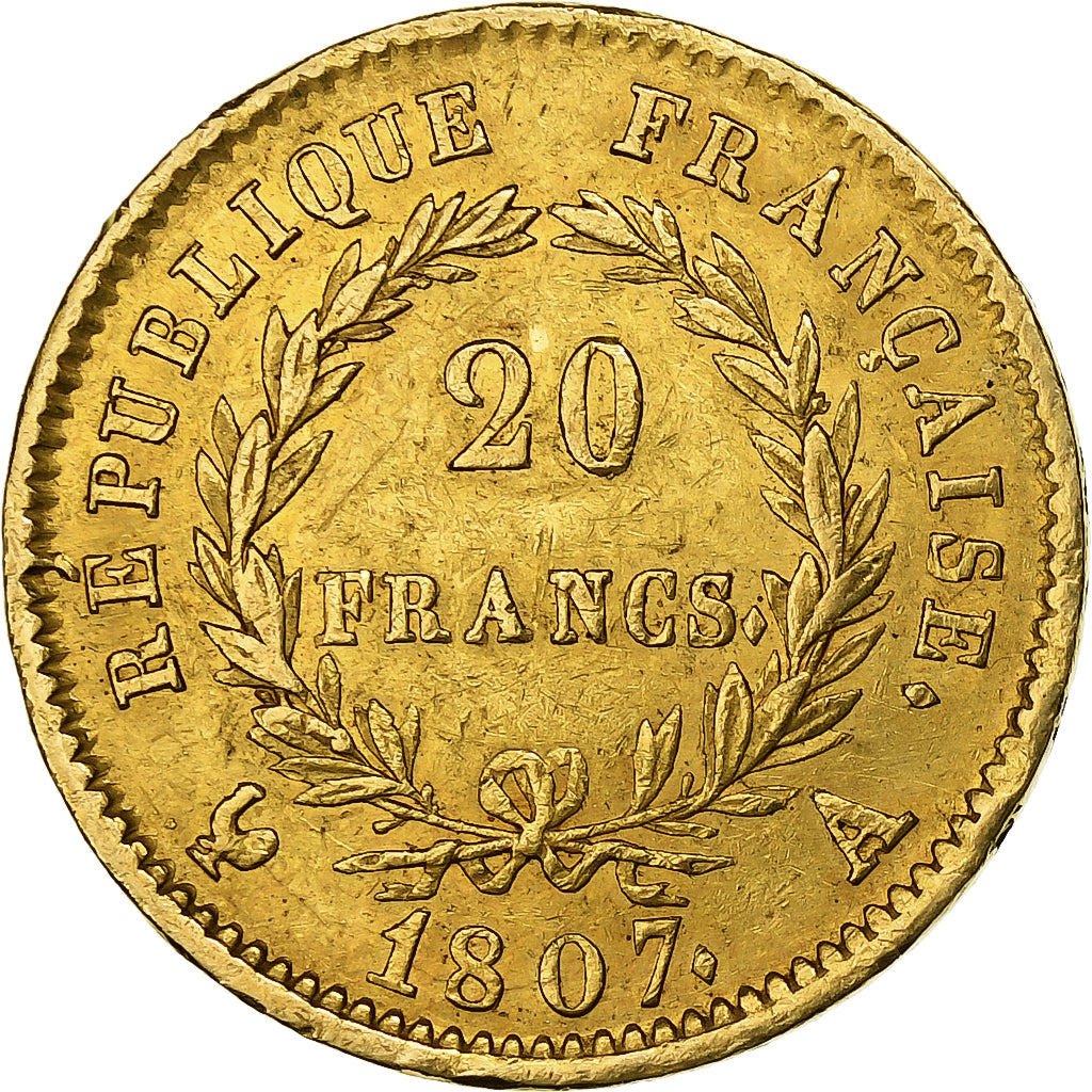 França, 20 Francs, Napoléon I, 1807, Paris, Dourado, EF(40-45), Gadoury:1023a
