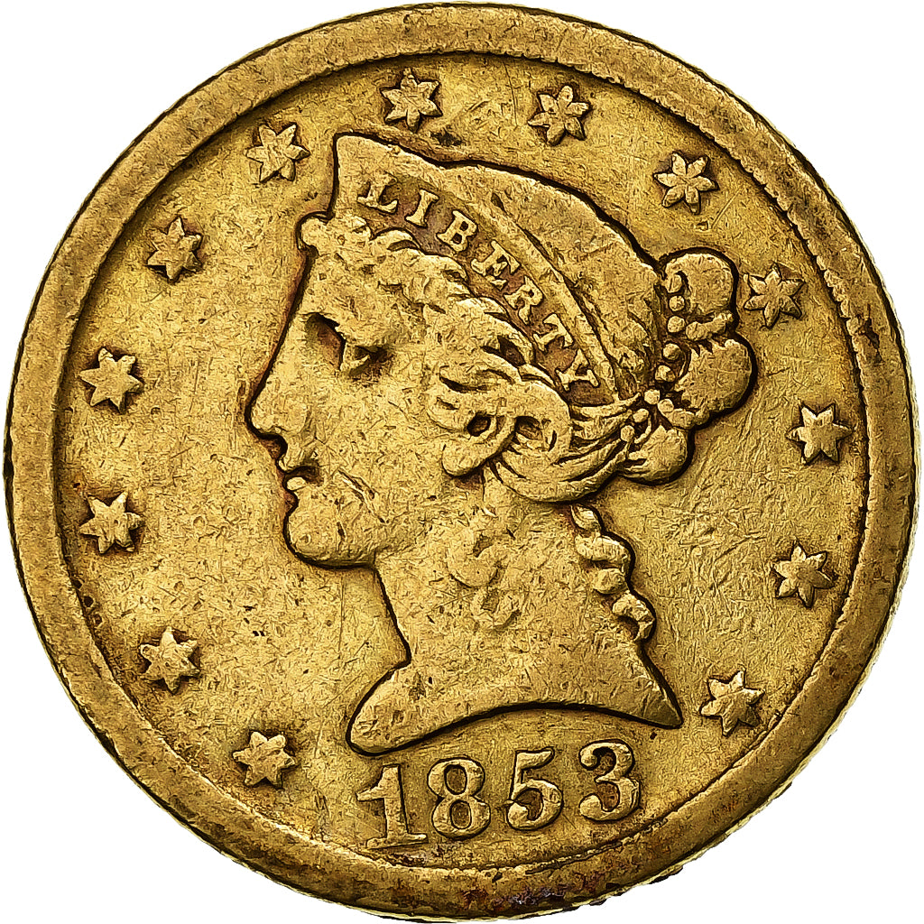 Estados Unidos da América, 5 Dollars, Coronet Head, 1853, Denver, Dourado
