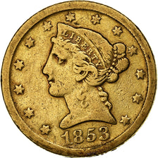 Estados Unidos da América, 5 Dollars, Coronet Head, 1853, Denver, Dourado