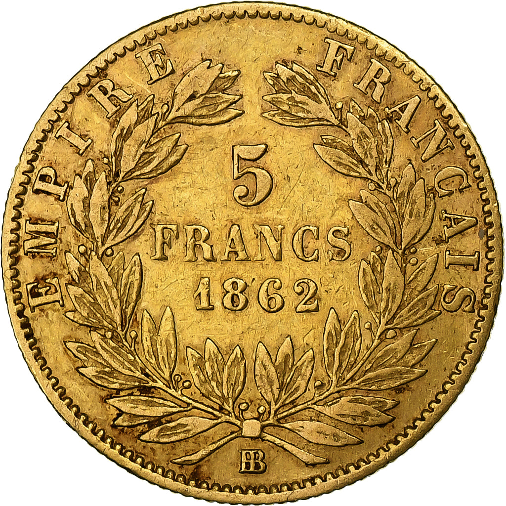 Francia, Napoleon III, 5 Francs, 1862, Strasbourg, Oro, BC+, Gadoury:1002
