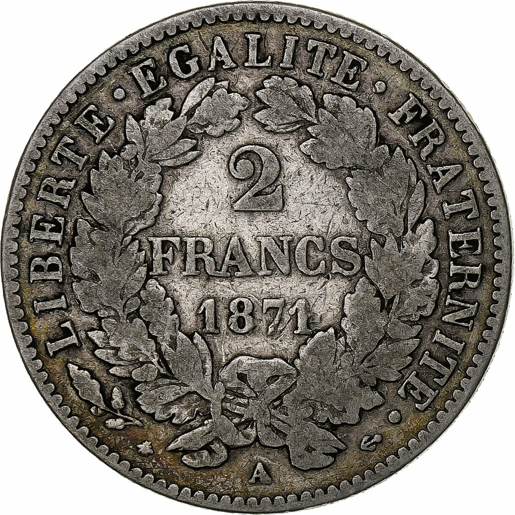 Francia, 2 Francs, Cérès, 1871, Paris, Argento, MB, Gadoury:530, KM:817.1