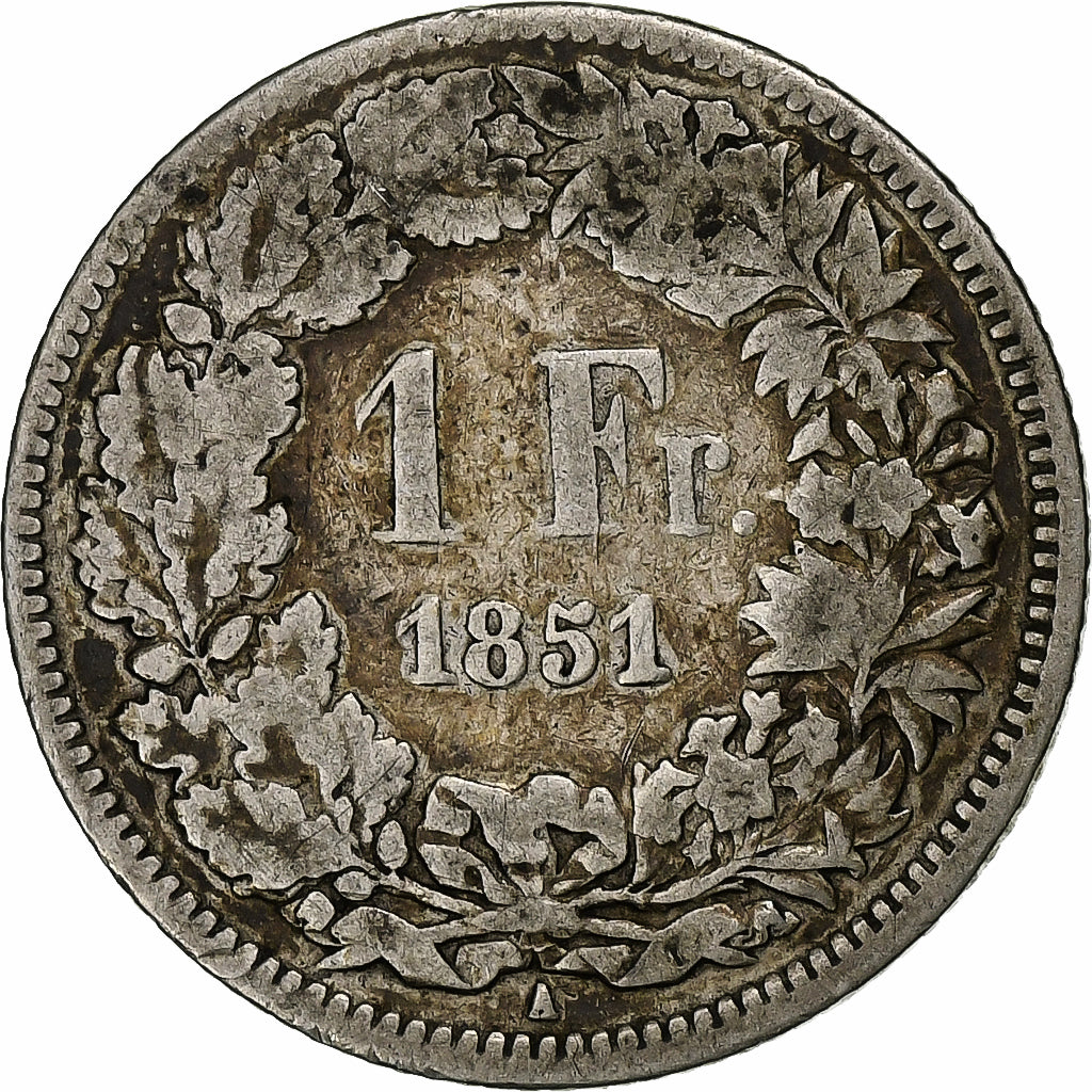 Suiza, Franc, 1851, Bern, Plata, BC+, KM:9