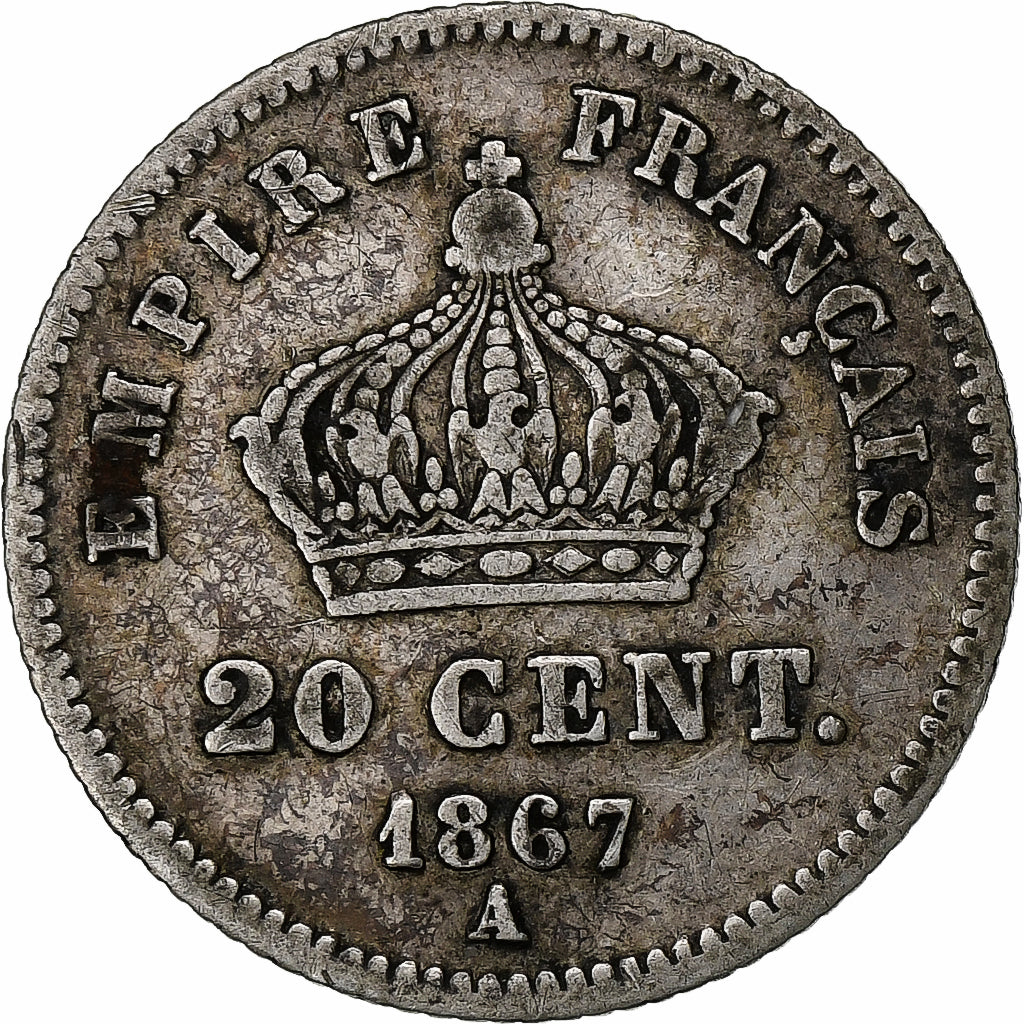 França, Napoleon III, 20 Centimes, 1867, Paris, Prata, EF(40-45), Gadoury:309