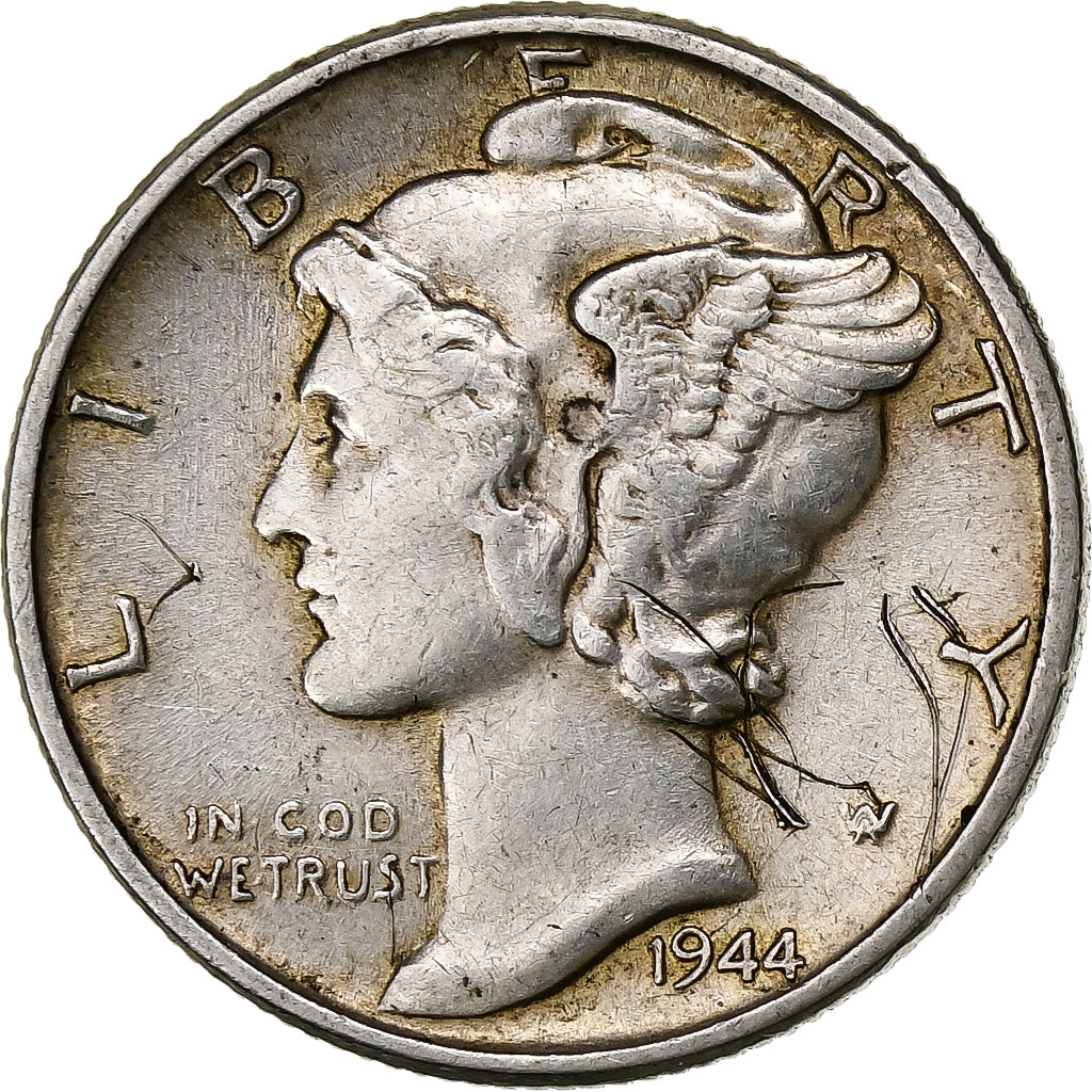 United States, Dime, Mercury Dime, 1944, U.S. Mint, Silver, EF(40-45), KM:140