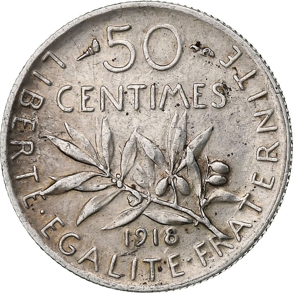 Frankreich, 50 Centimes, Semeuse, 1918, Paris, Silber, SS+, Gadoury:420, KM:854