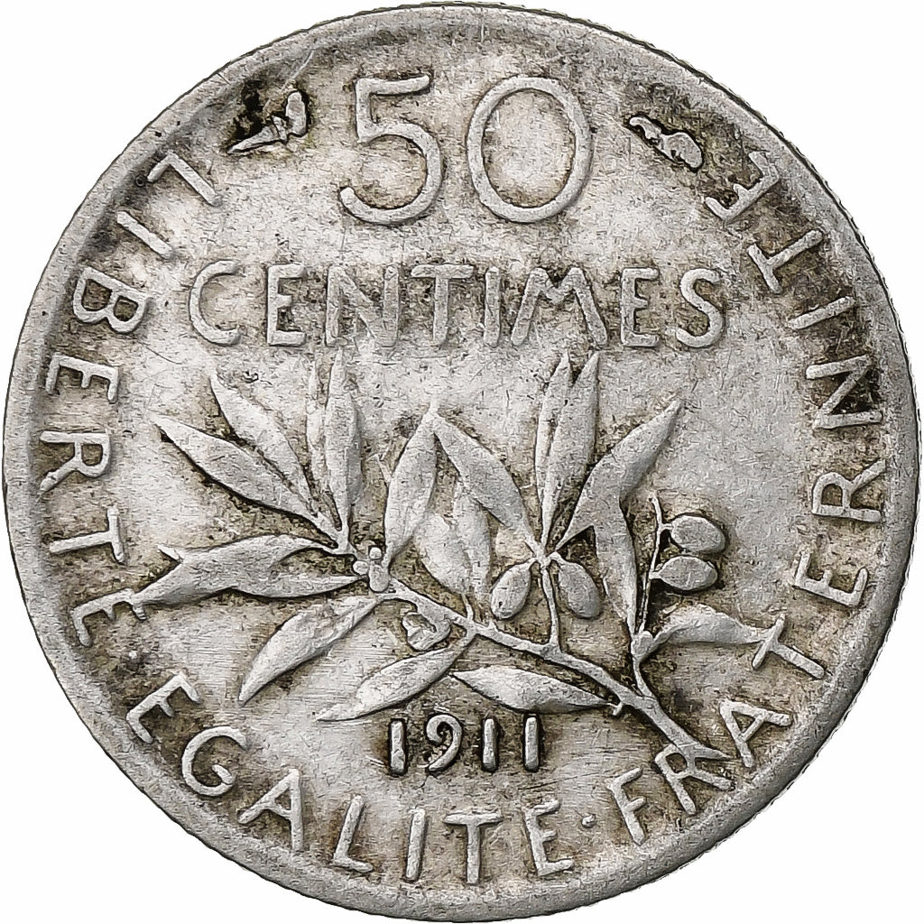 France, 50 Centimes, Semeuse, 1911, Paris, Silver, VF(20-25), Gadoury:420
