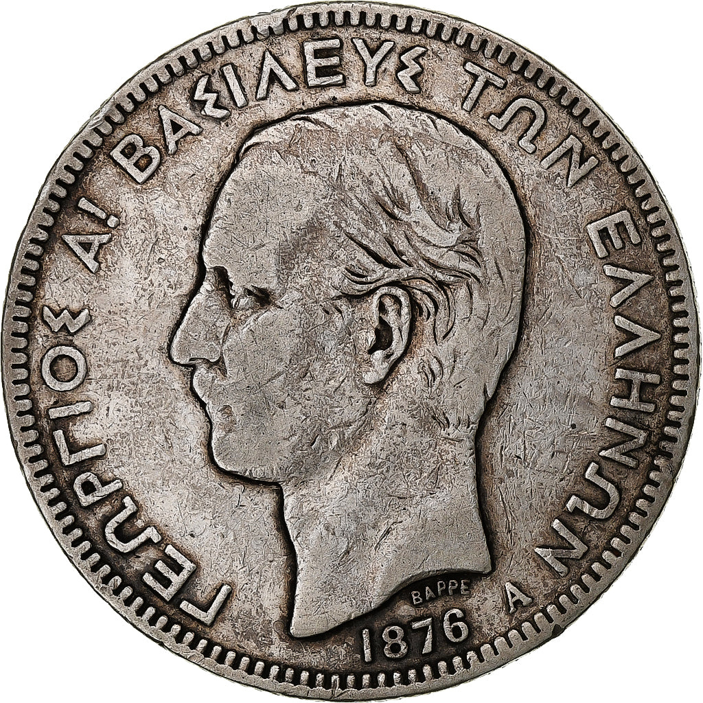 Grecia, George I, 5 Drachmai, 1876, Paris, Argento, MB+, KM:46