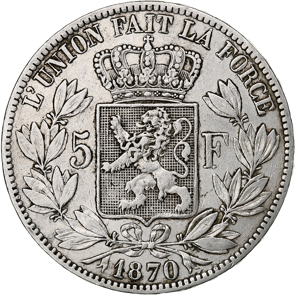 België, Leopold II, 5 Francs, 5 Frank, 1870, Zilver, ZF, KM:24