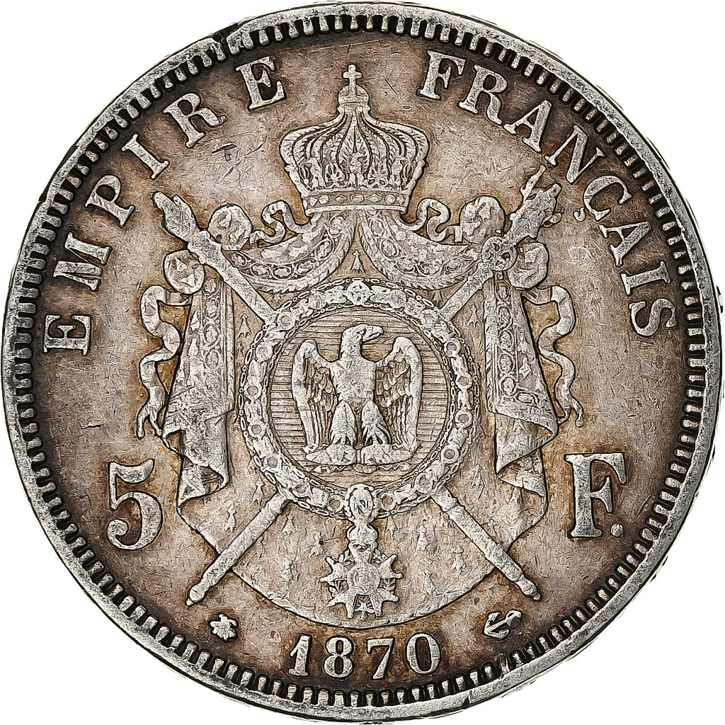 France, Napoleon III, 5 Francs, 1870, Paris, Silver, EF(40-45), Gadoury:739