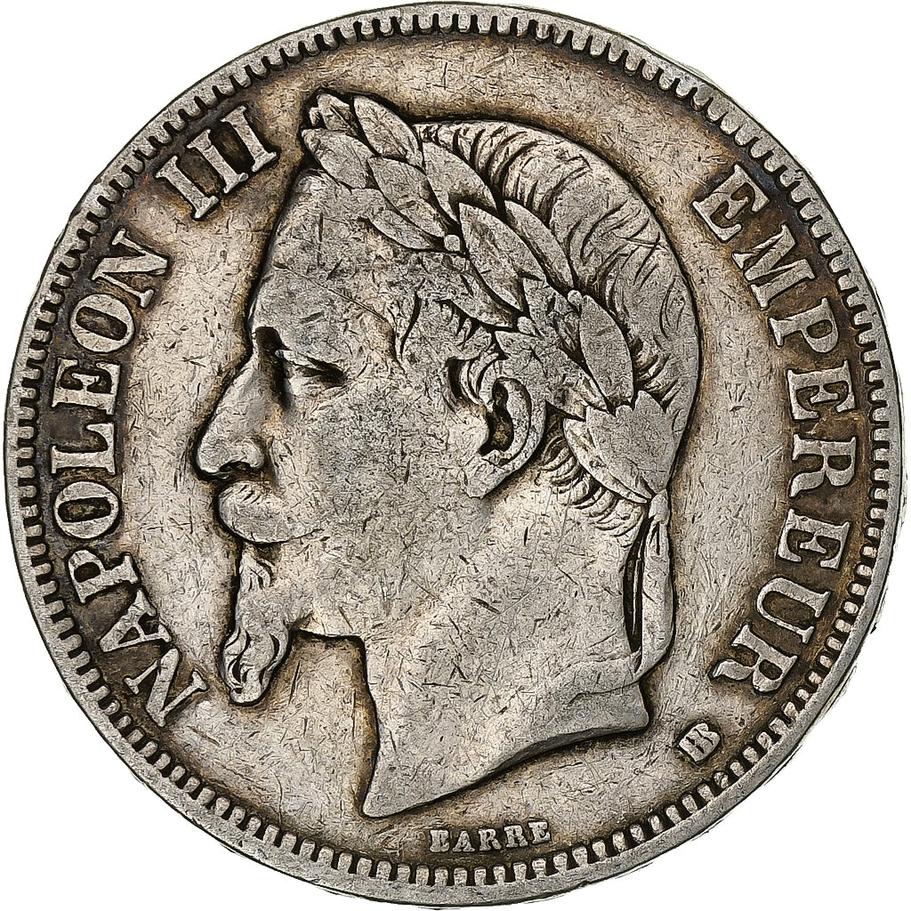 Francia, Napoleon III, 5 Francs, 1868, Strasbourg, Argento, BB, Gadoury:739