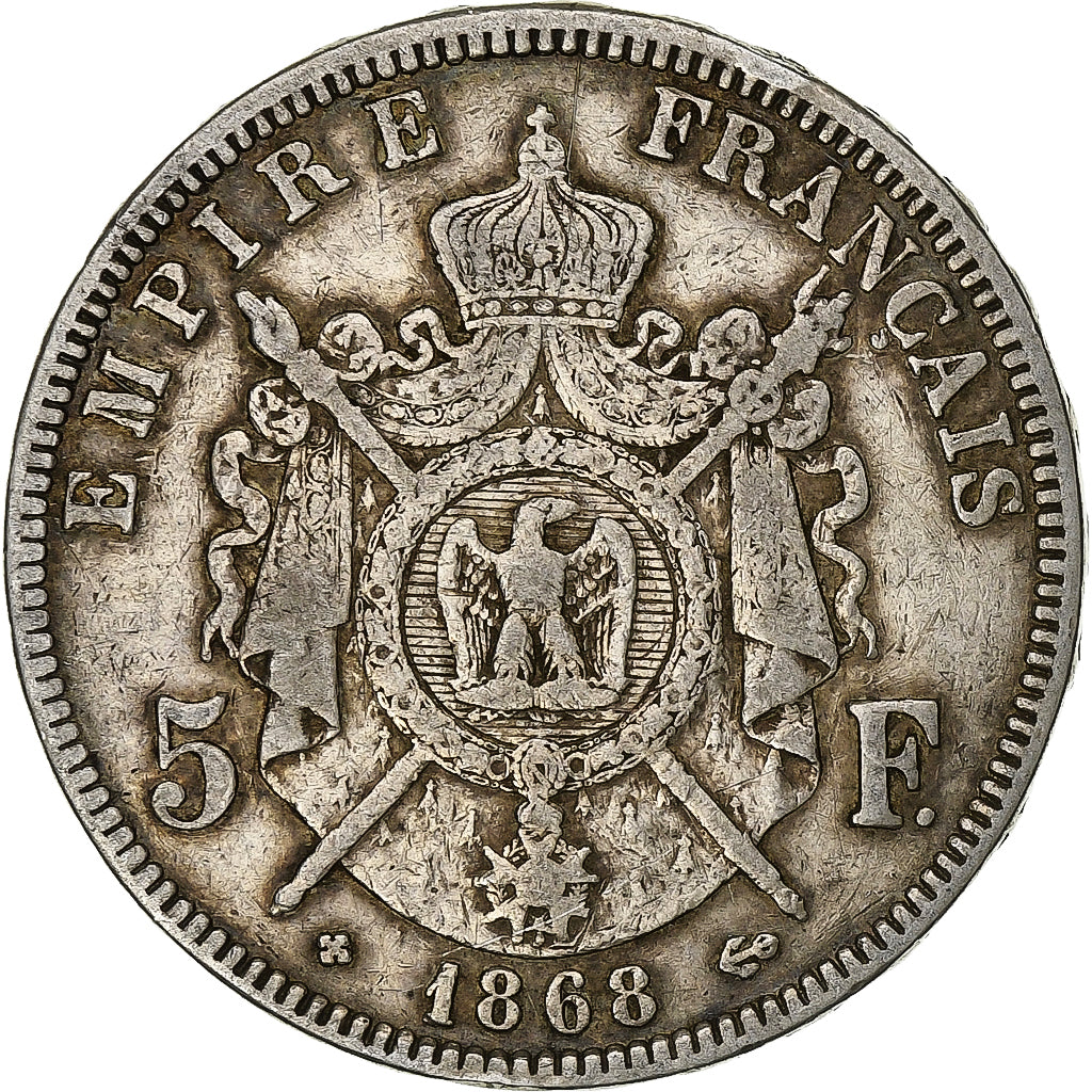 Francia, Napoleon III, 5 Francs, 1868, Strasbourg, Argento, BB, Gadoury:739