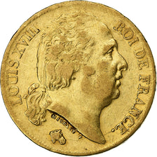 França, Louis XVIII, 20 Francs Or, 1818, Paris, Dourado, EF(40-45)