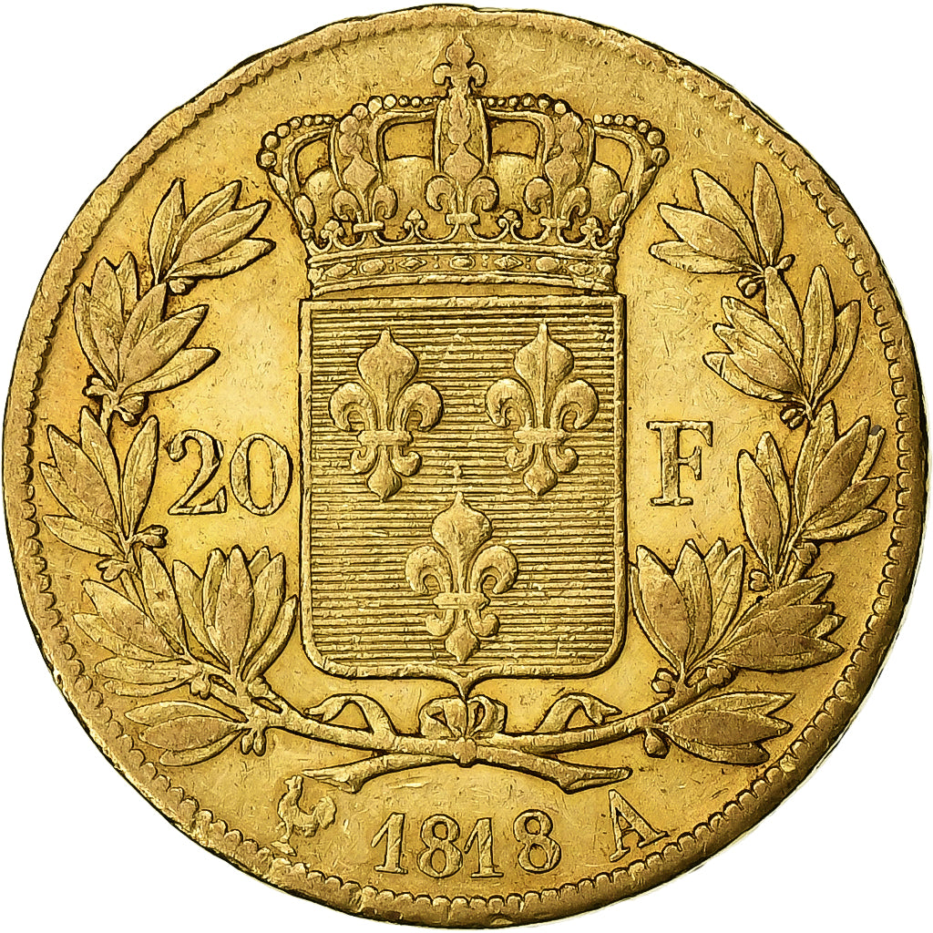 França, Louis XVIII, 20 Francs Or, 1818, Paris, Dourado, EF(40-45)