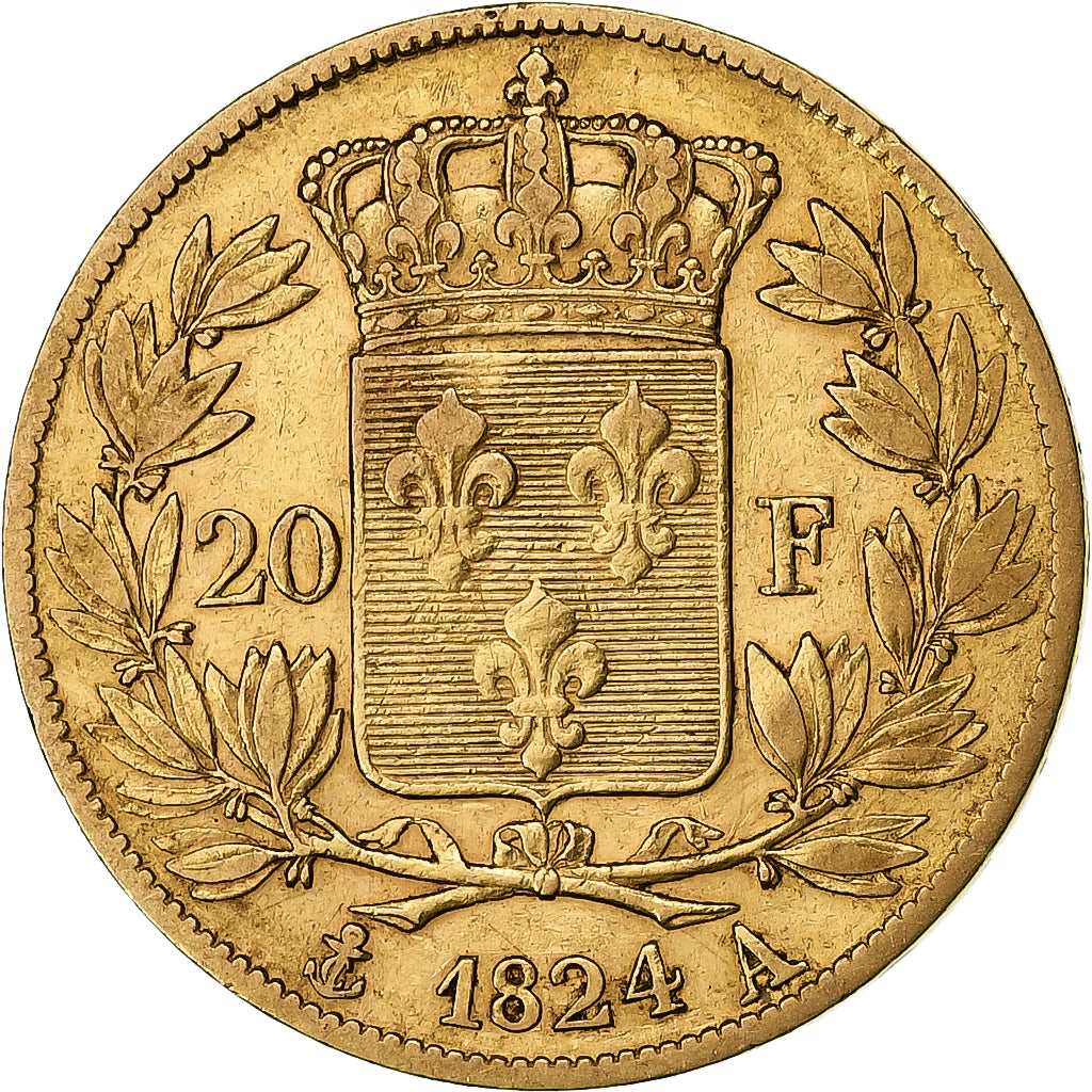 Francia, Louis XVIII, 20 Francs Or, 1824, Paris, Oro, MB+, Gadoury:1028
