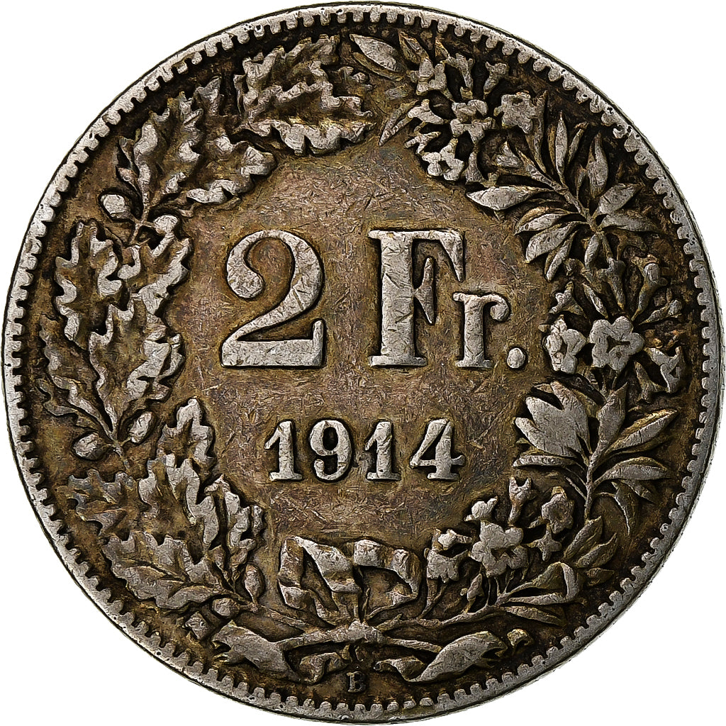 Suiza, 2 Francs, 1914, Bern, Plata, MBC, KM:21