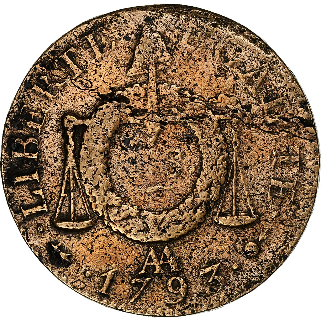 Francia, Sol, Sol aux balances françoise, 1793, Metz, Bronzo, MB+, Gadoury:19