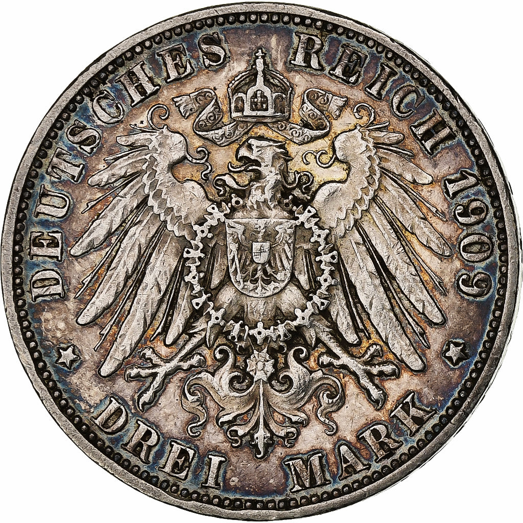 German States, WURTTEMBERG, Wilhelm II, 3 Mark, 1909, Freudenstadt, Silver