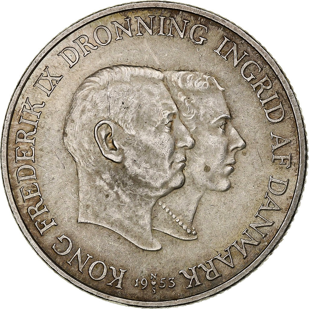 Danimarca, Frederik IX, 2 Kroner, 1953, Copenhagen, Argento, BB+, KM:844