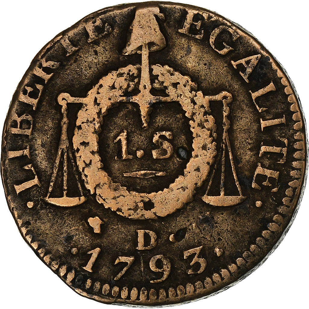 France, Sol aux balances françoise, 1793, Dijon, Copper, VF(20-25), Gadoury:19