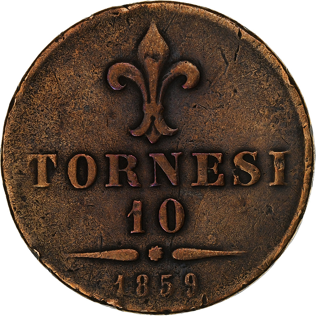 États italiens, NAPLES, Francesco II, 10 Tornesi, 1859, Naples, Cuivre, TB+