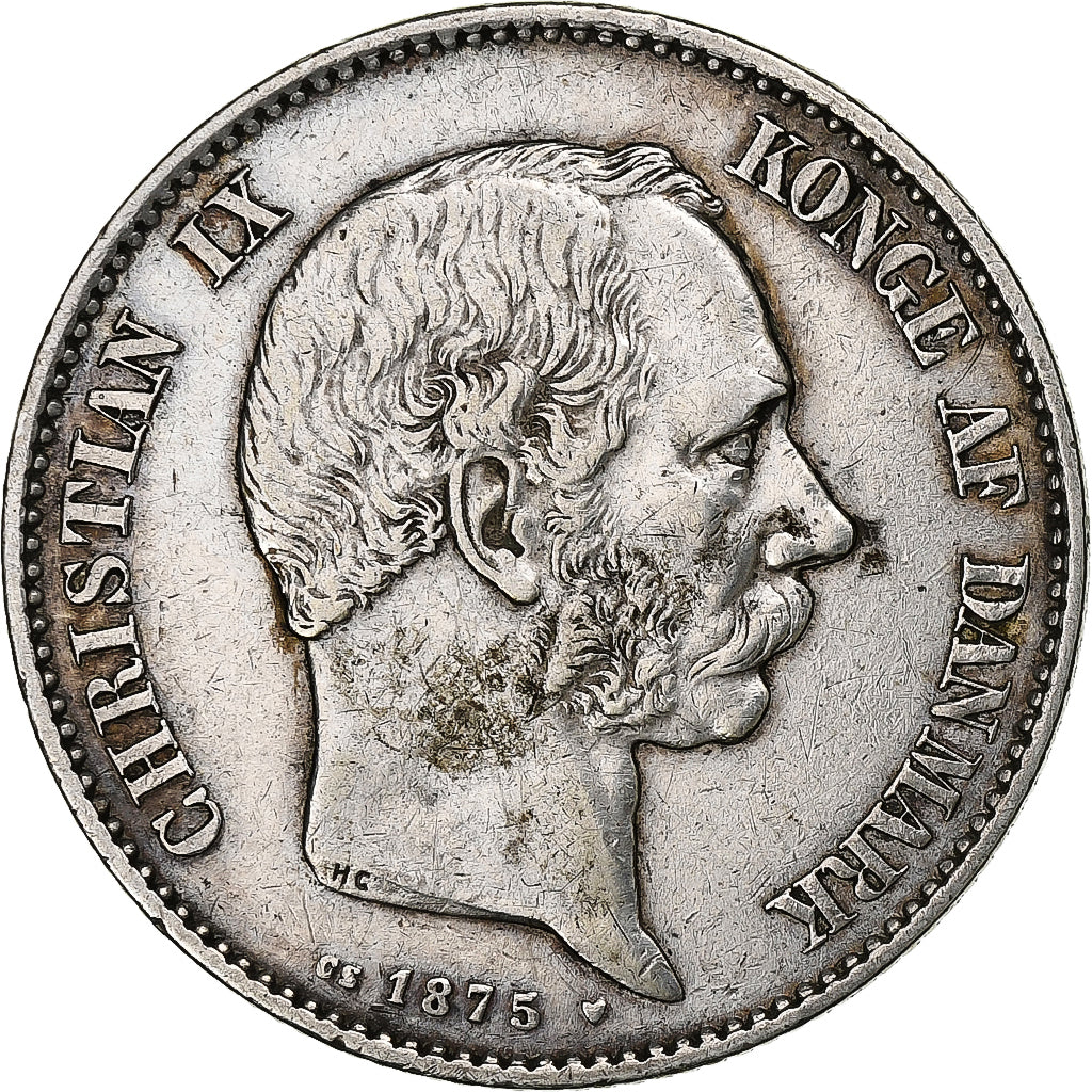 Dinamarca, Christian IX, 2 Kroner, 1875, Copenhagen, Plata, MBC+, KM:798.1