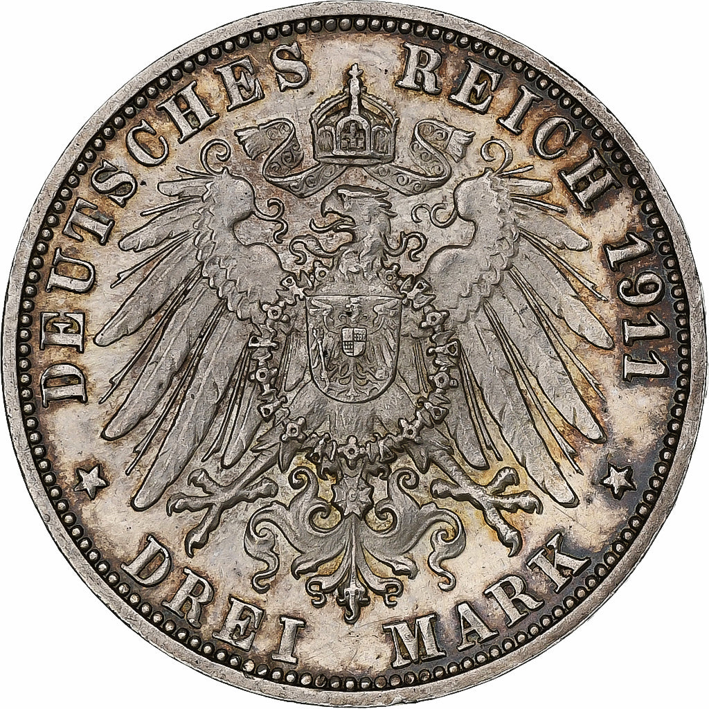 German States, WURTTEMBERG, Wilhelm II, 3 Mark, 1911, Freudenstadt, Silver