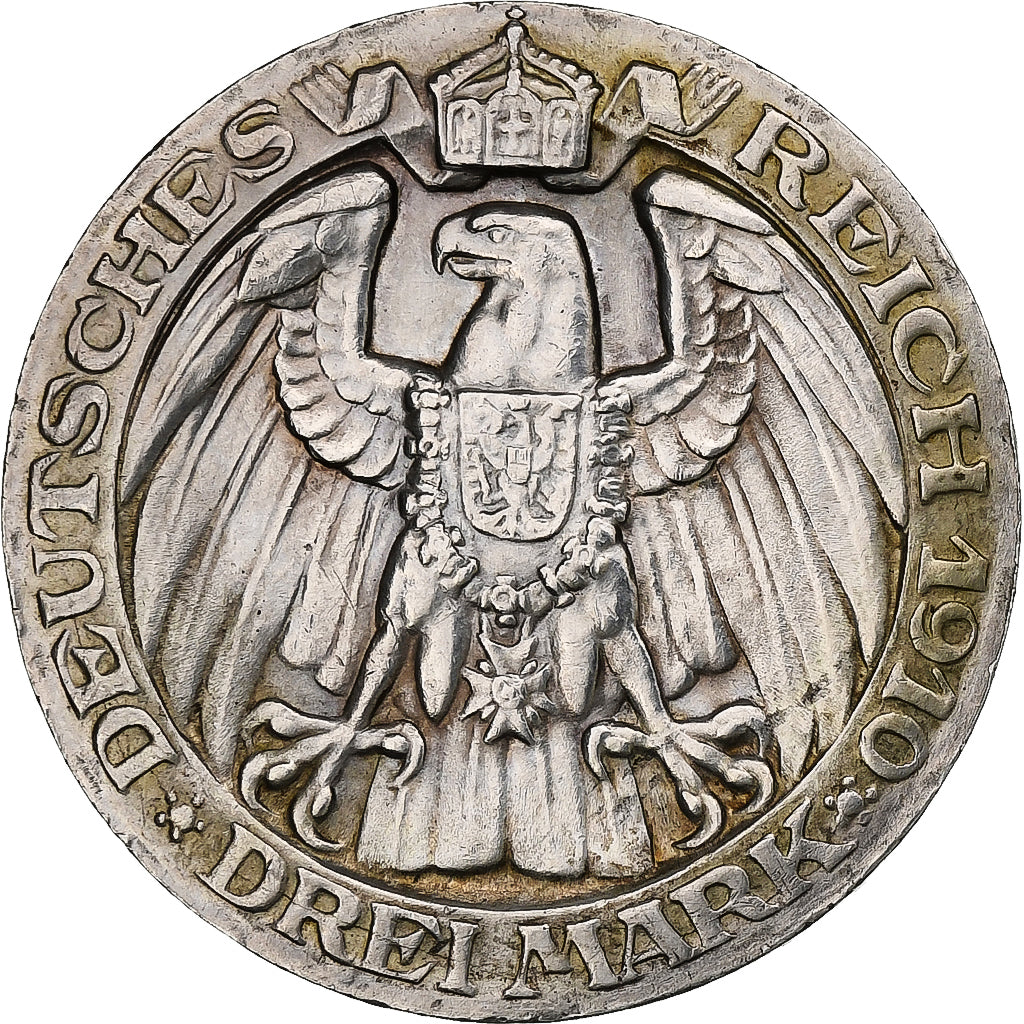 Landy niemieckie, PRUSSIA, Wilhelm II, 3 Mark, 1910, Berlin, Srebro, EF(40-45)