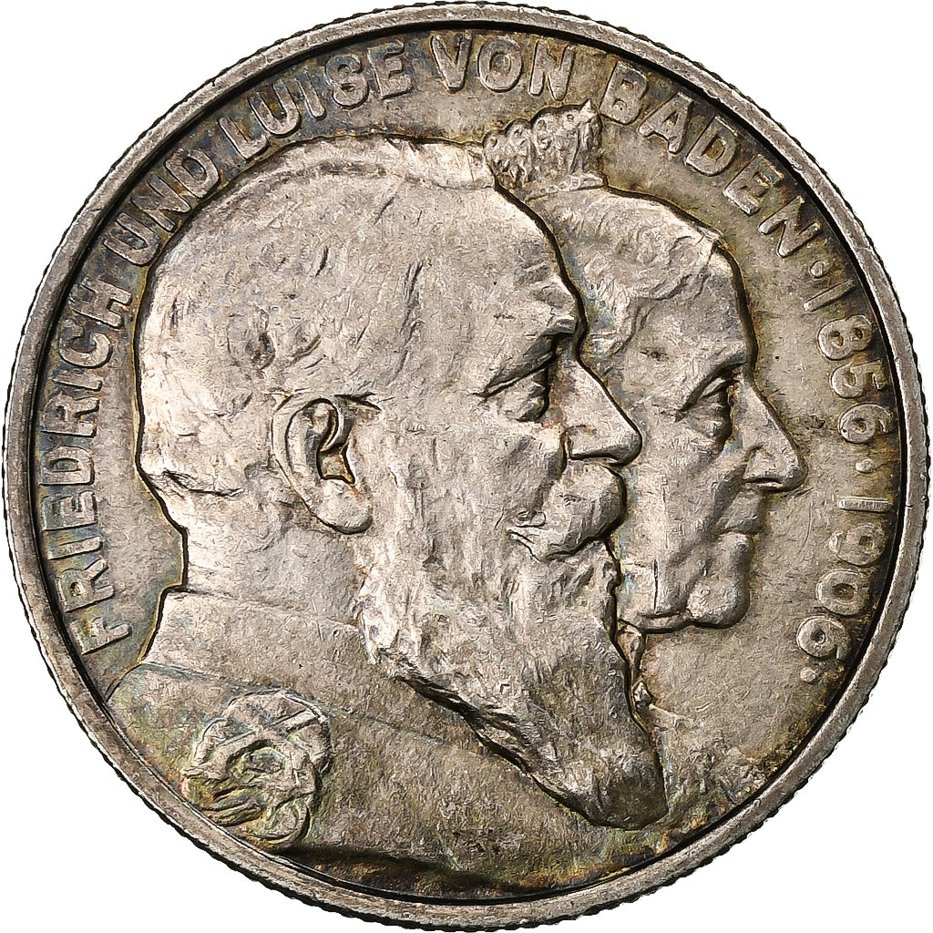 German States, BADEN, Friedrich I, 2 Mark, 1906, Baden, Silver, AU(50-53)